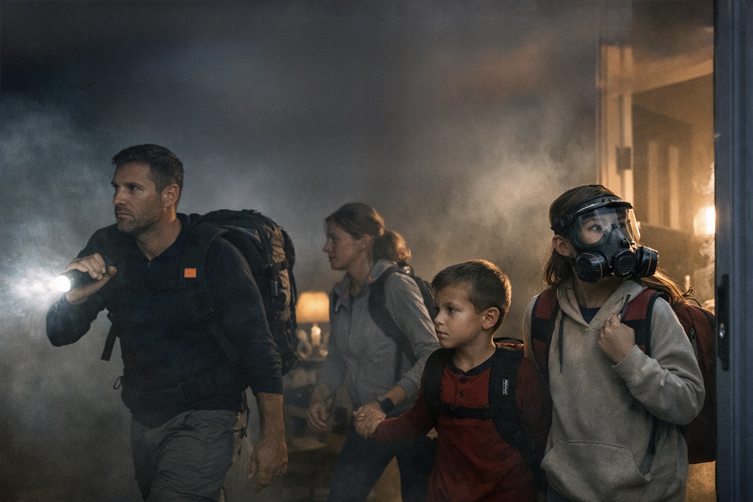 A family evacuating their home wearing Waypoint GoPacks